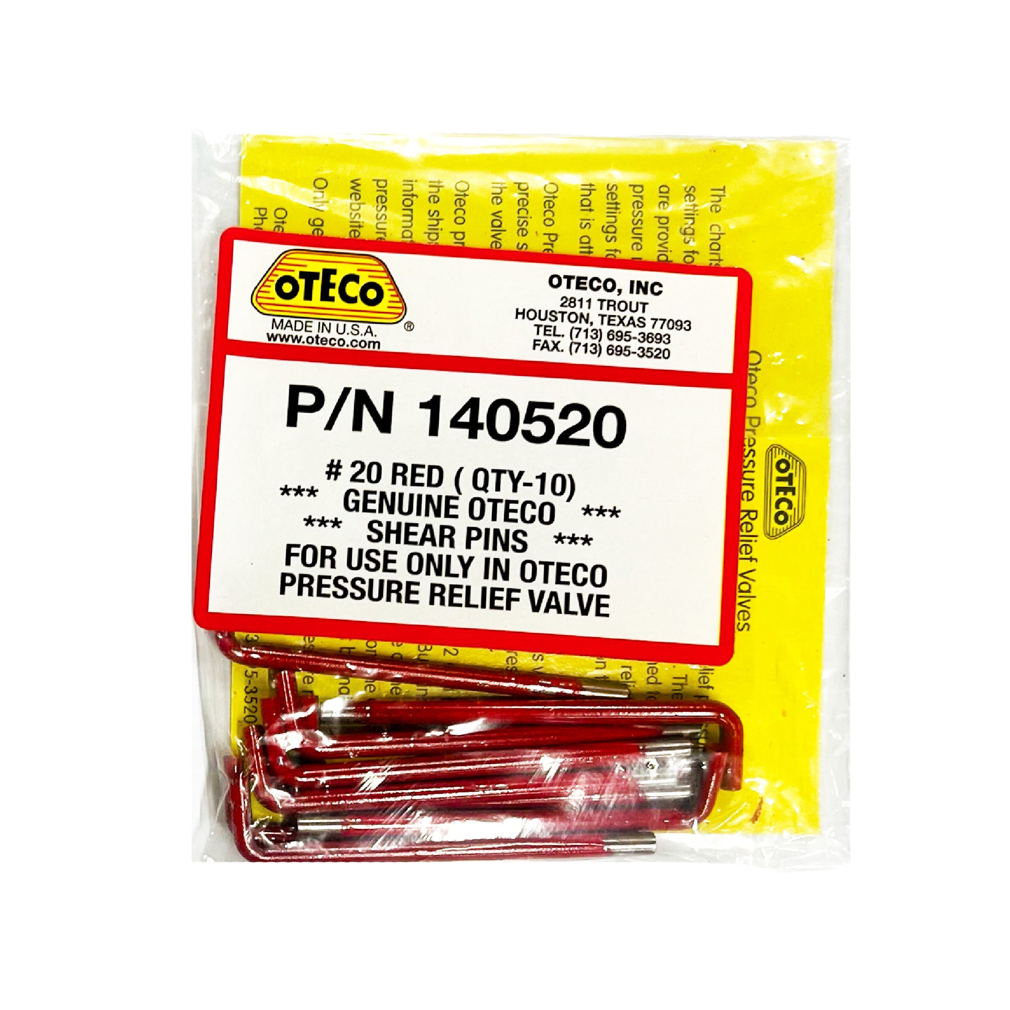 Oteco PRV Shear Pins, Red, Pack of 10 — Oil Baron Supply